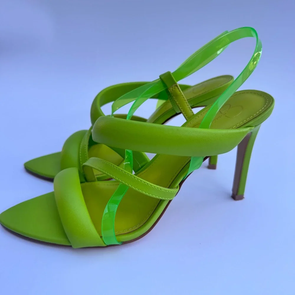 Jessica Simpson Krissta Green Transparent Asymmetrical Stiletto Slip On Size 8.5